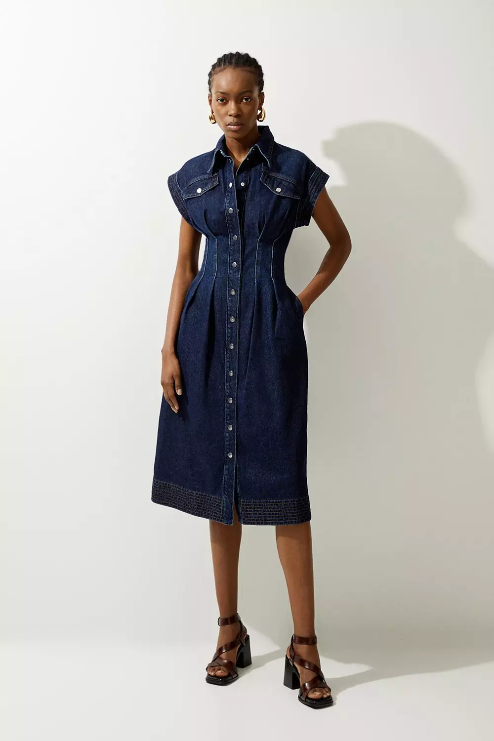 Denim Button Through Darted Waist Maxi Shirt Dress | Karen Millen